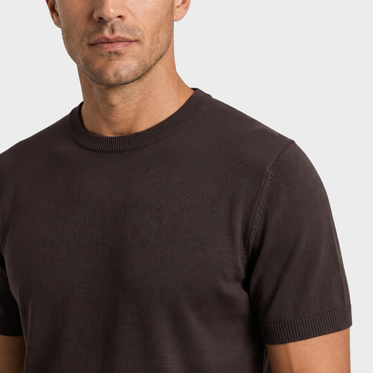 Essential Cotton Knit Tee - Brown - closeup