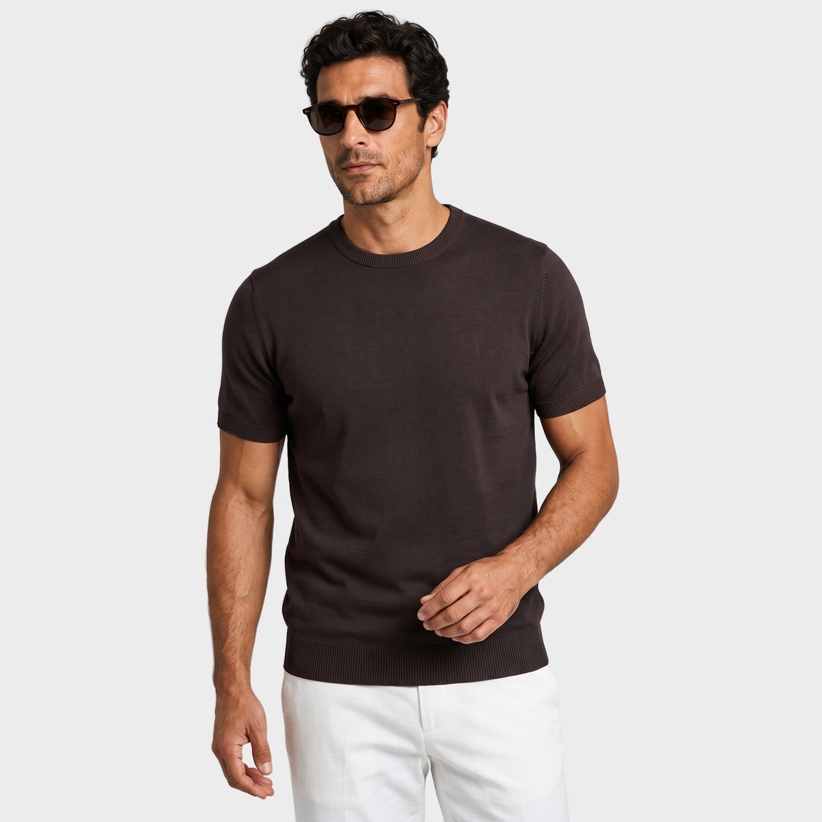 Essential Cotton Knit Tee - Brown - front