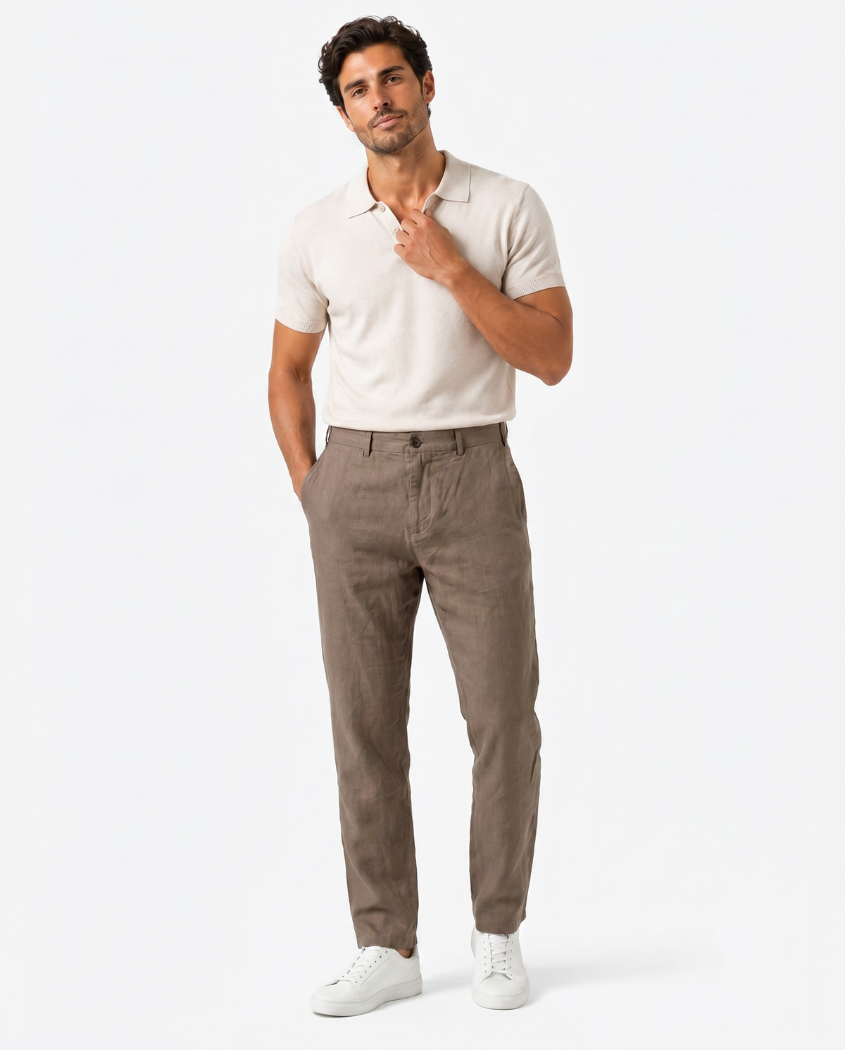The Drawstring Linen Trousers - Taupe - model
