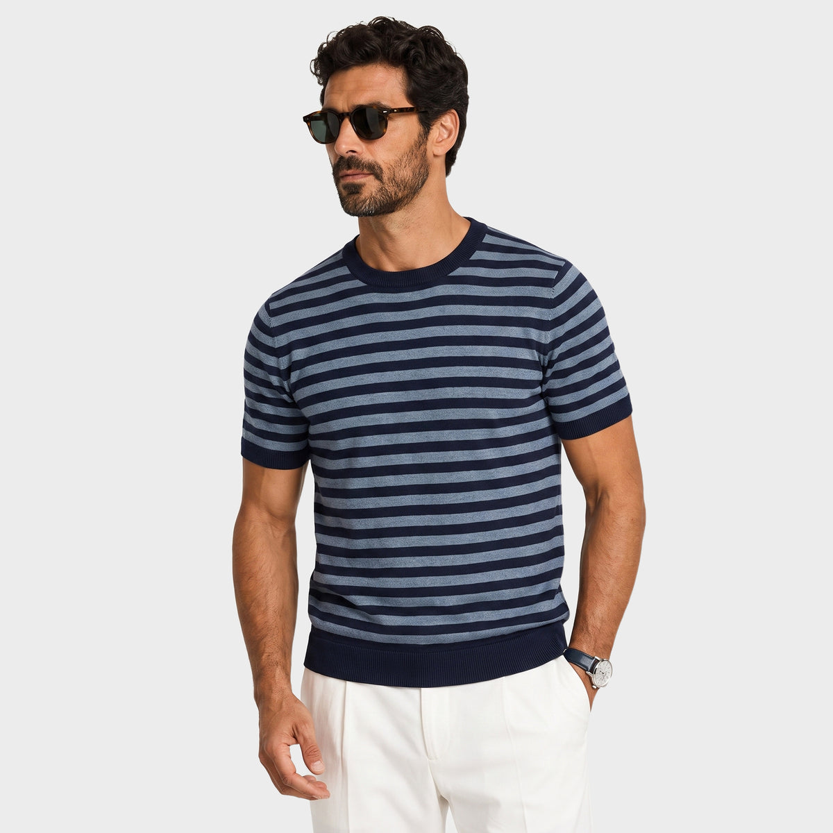 Marinière Linen Knit T-Shirt - Blue - front