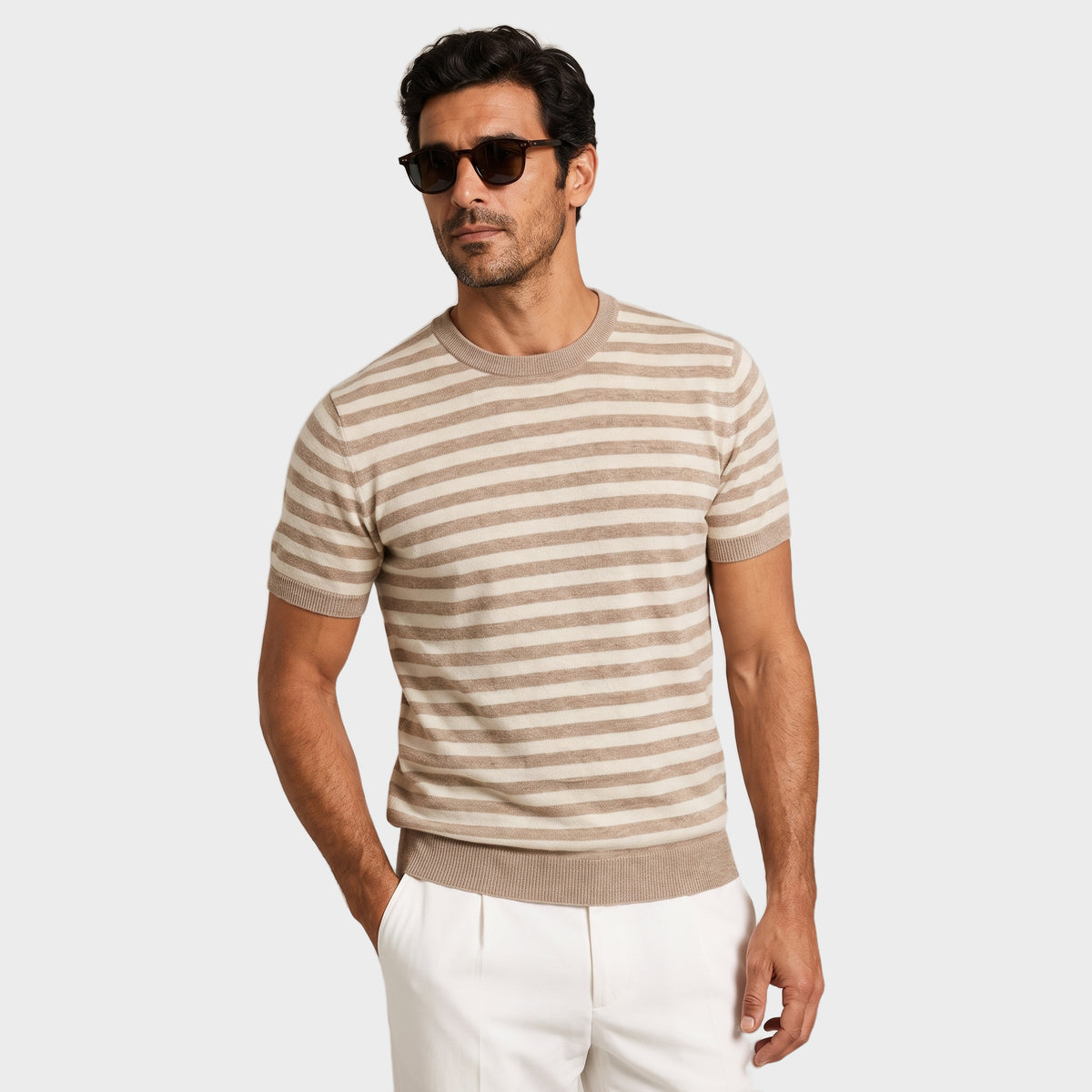 Marinière Linen Knit T-Shirt - Beige - front