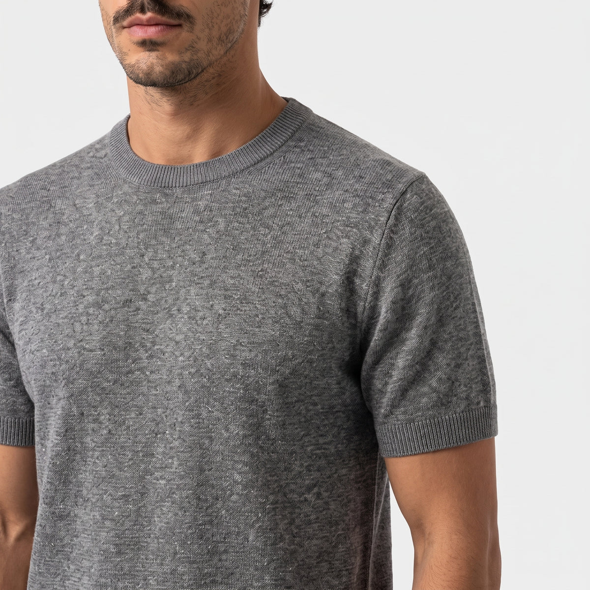 Fine Knit Linen T-Shirt - Grey - closeup