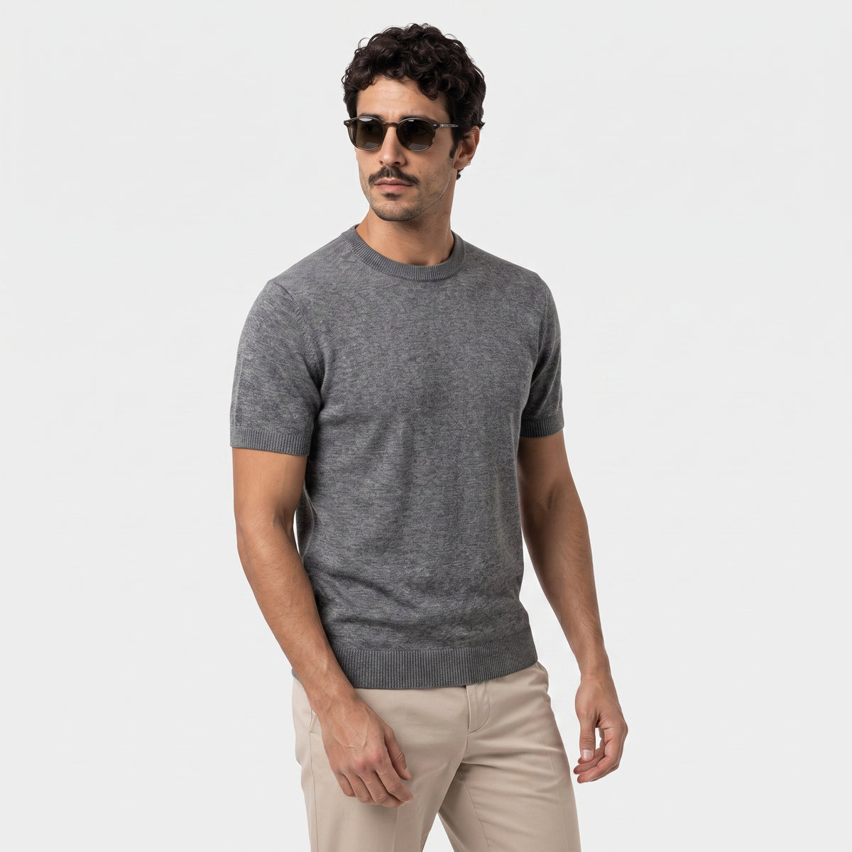 Fine Knit Linen T-Shirt - Grey - front