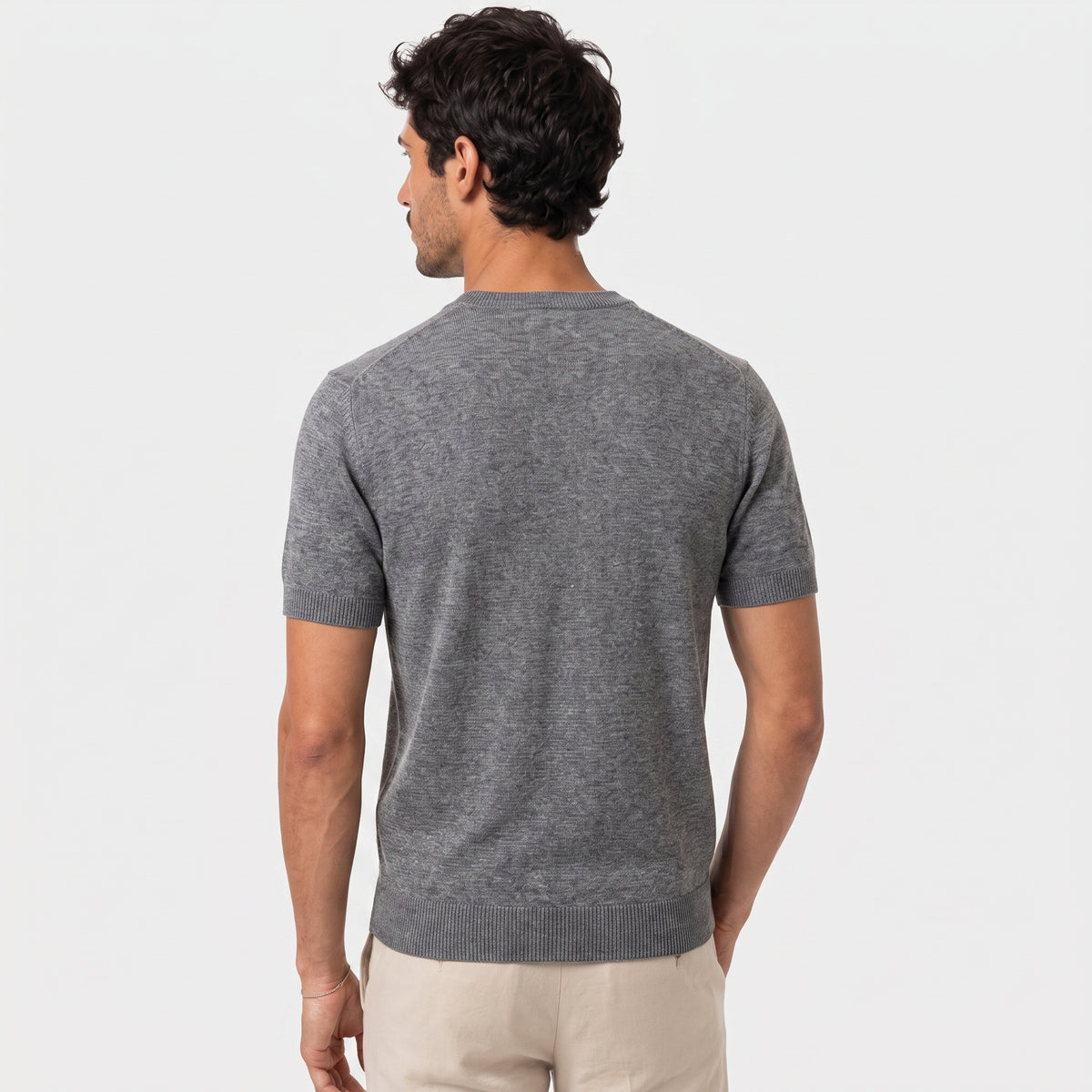 Fine Knit Linen T-Shirt - Grey - back