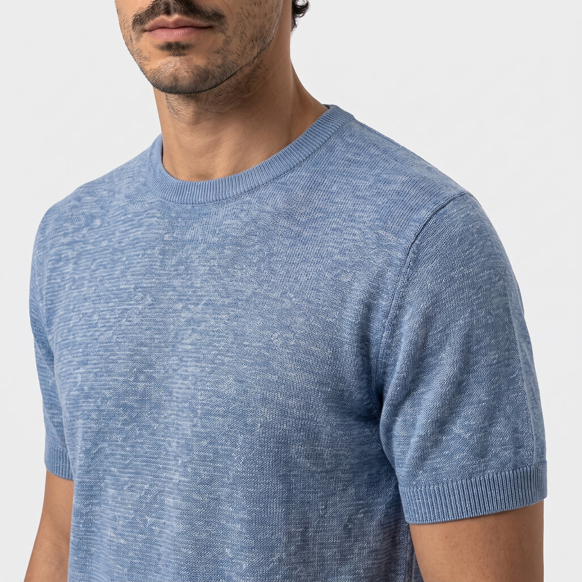 Fine Knit Linen T-Shirt - Sky - closeup
