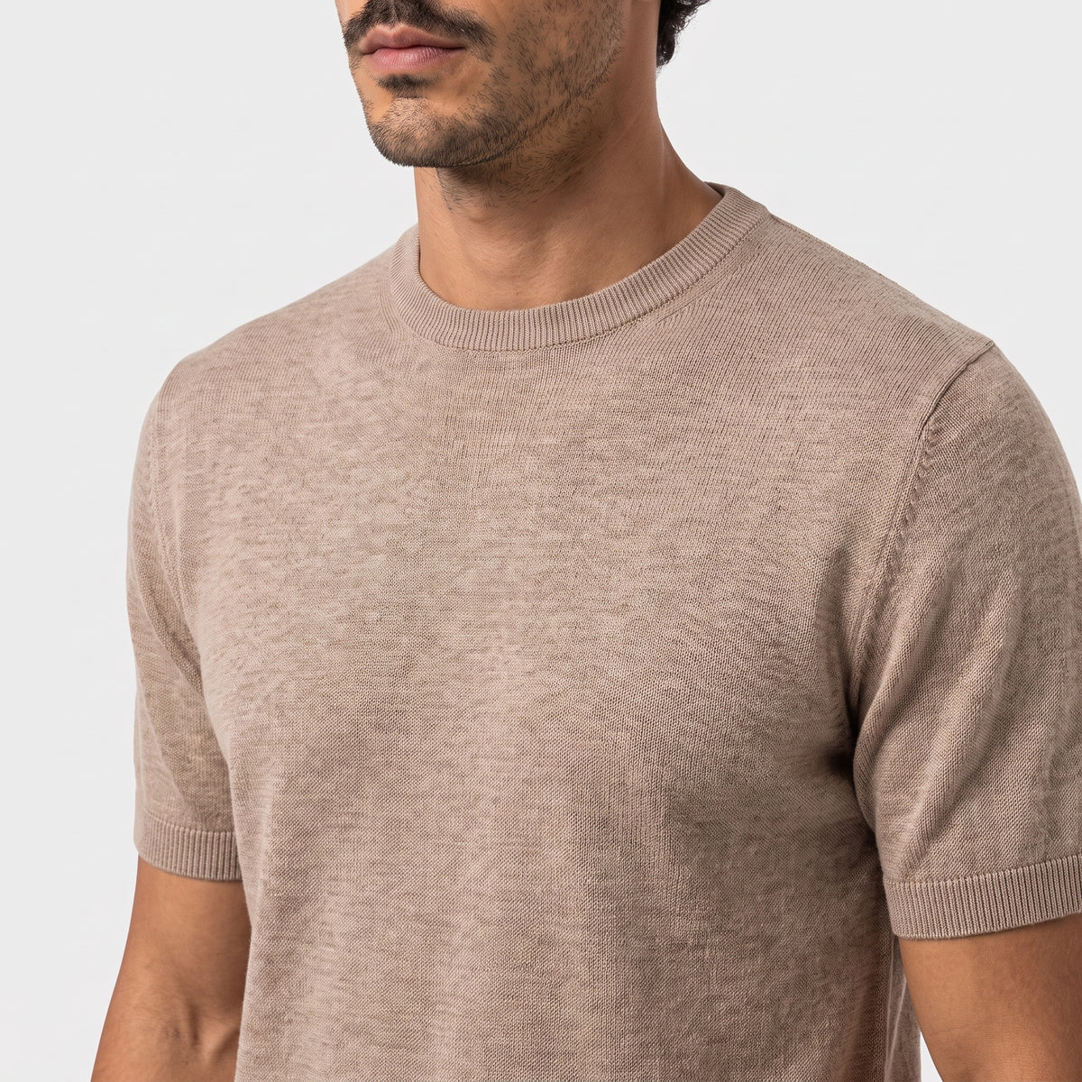 Fine Knit Linen T-Shirt - Beige - closeup
