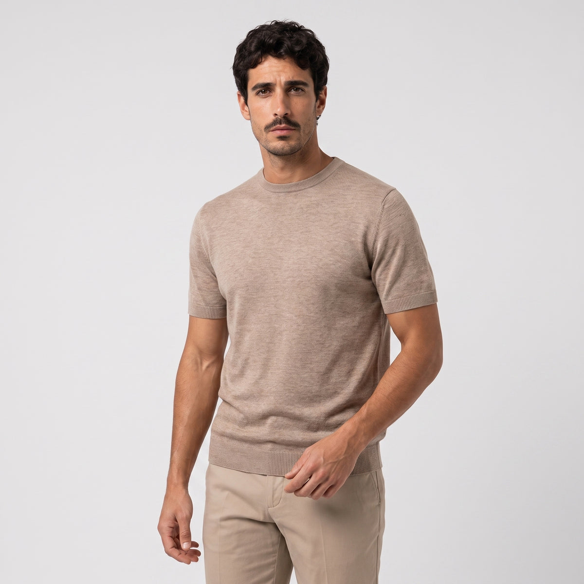 Fine Knit Linen T-Shirt - Beige - front