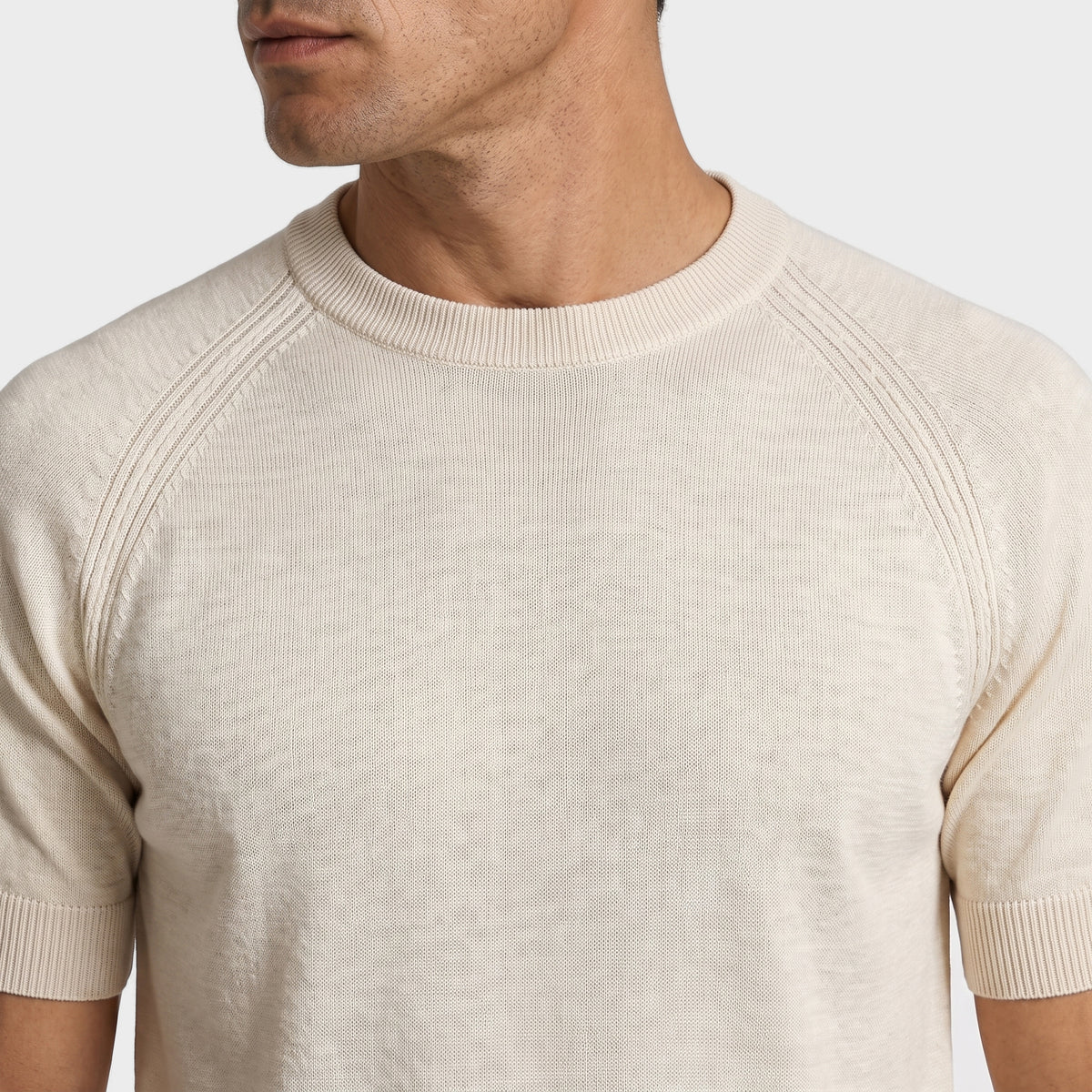 Raglan Linen Knit T-Shirt - Ecru - closeup