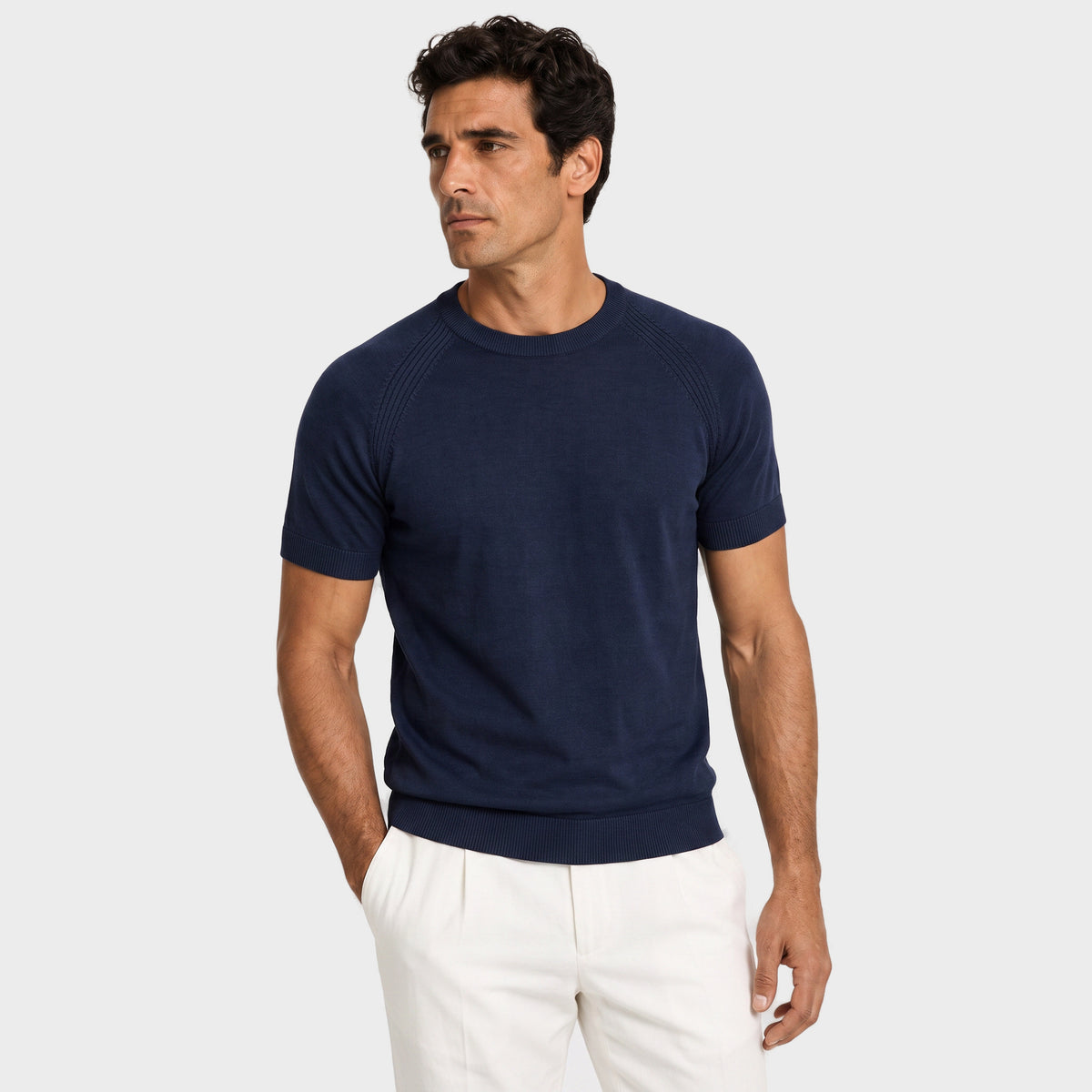 Raglan Linen Knit T-Shirt - Blue - front