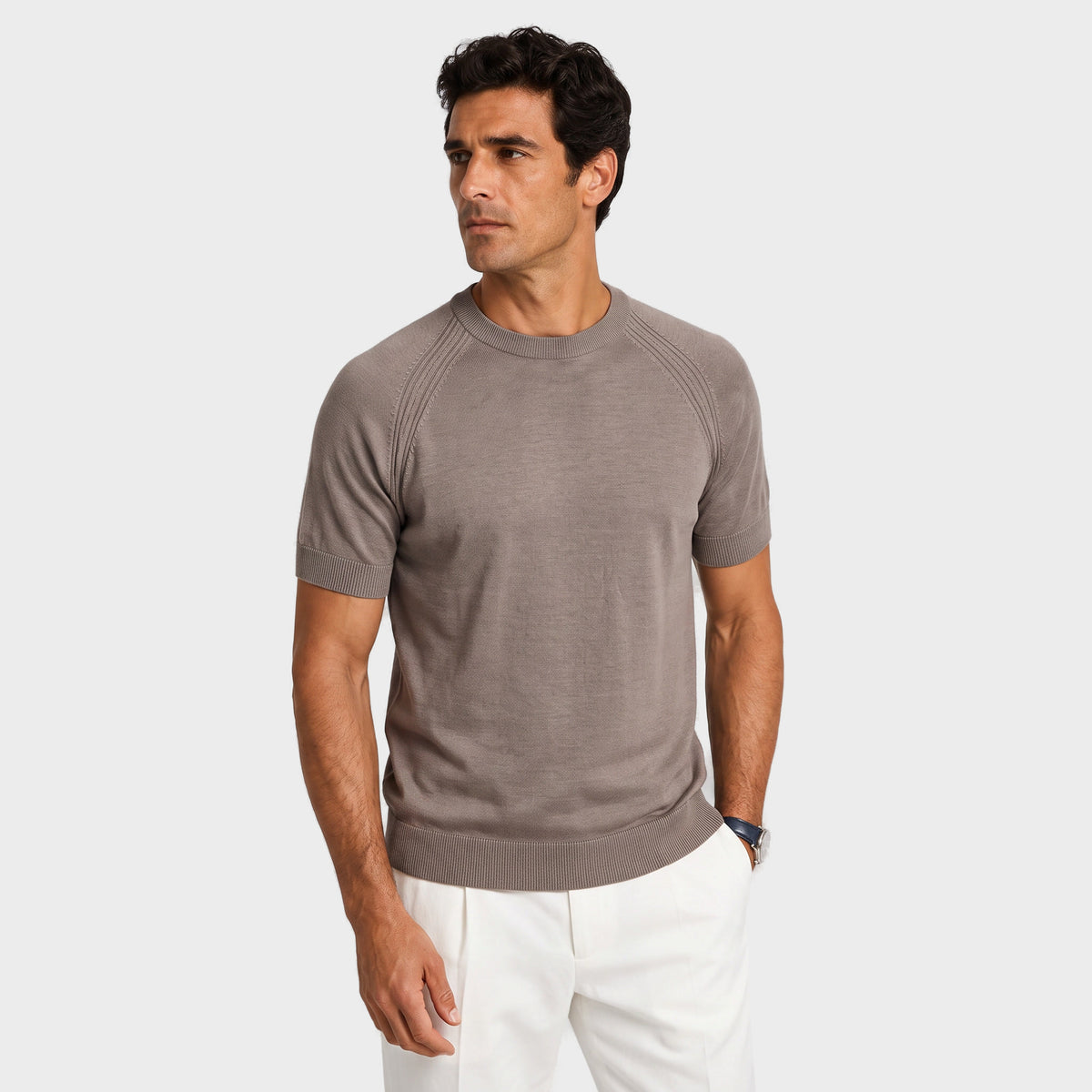 Raglan Linen Knit T-Shirt - Taupe - front