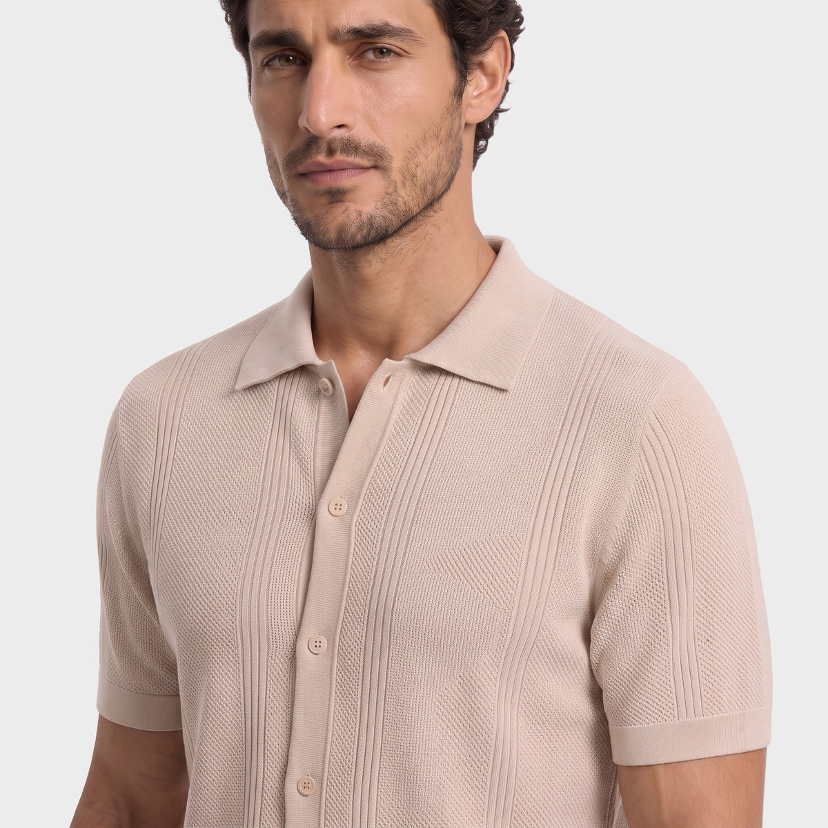 Vertical Texture Knit Overshirt - Cream - closeup