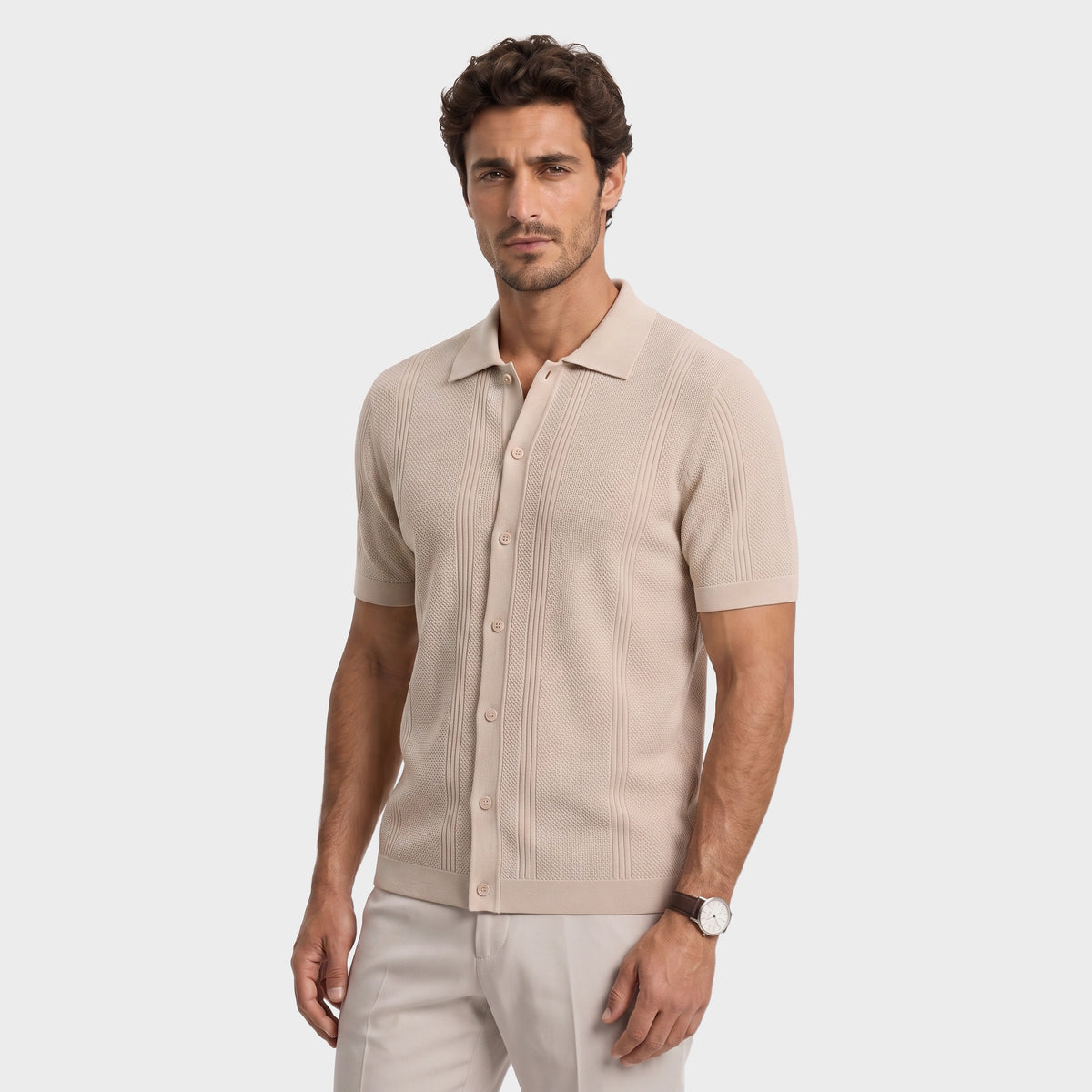 Vertical Texture Knit Overshirt - Cream - front