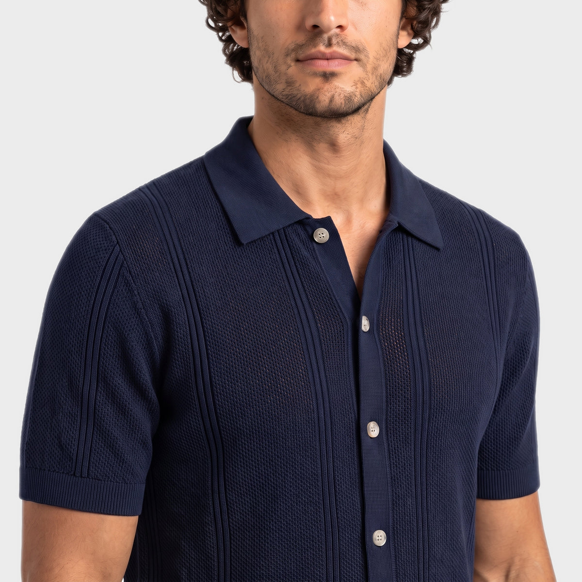 Vertical Texture Knit Overshirt - Night - closeup