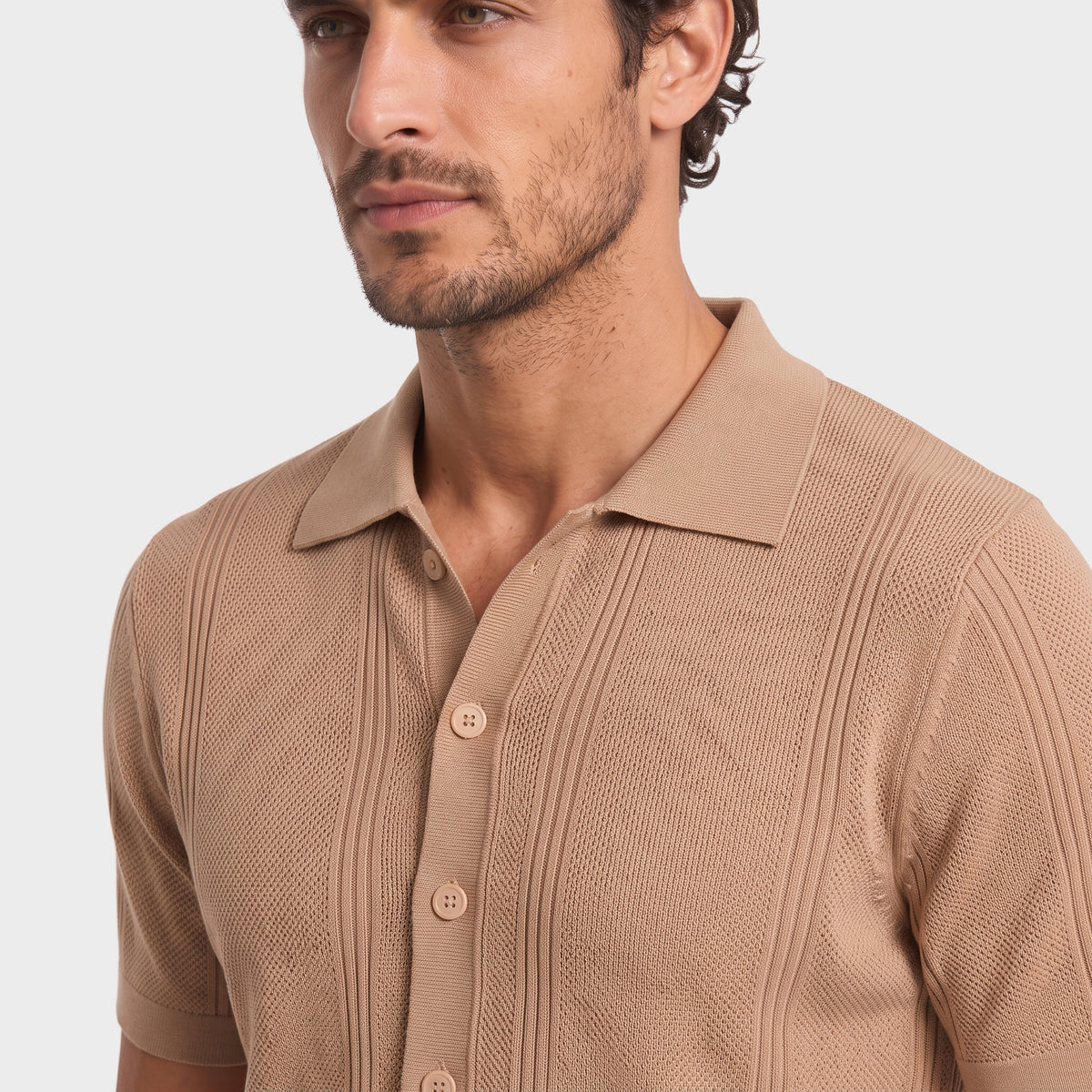 Vertical Texture Knit Overshirt - Sand - closeup