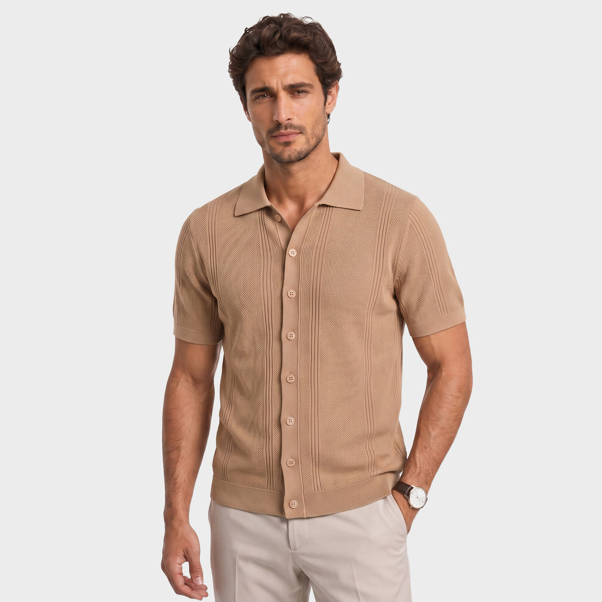 Vertical Texture Knit Overshirt - Sand - front