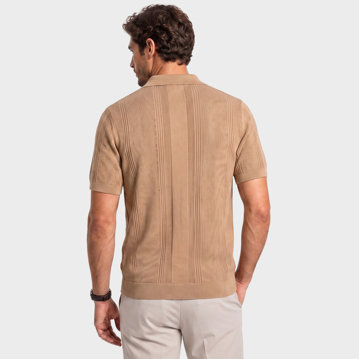 Vertical Texture Knit Overshirt - Sand - back