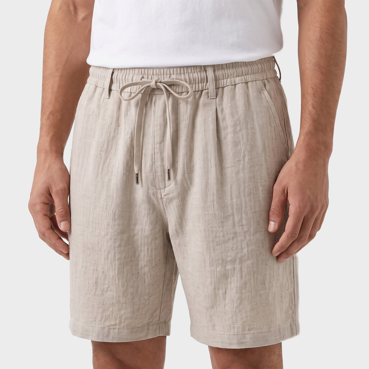 Tailored Linen Drawstring Shorts - Beige - closeup