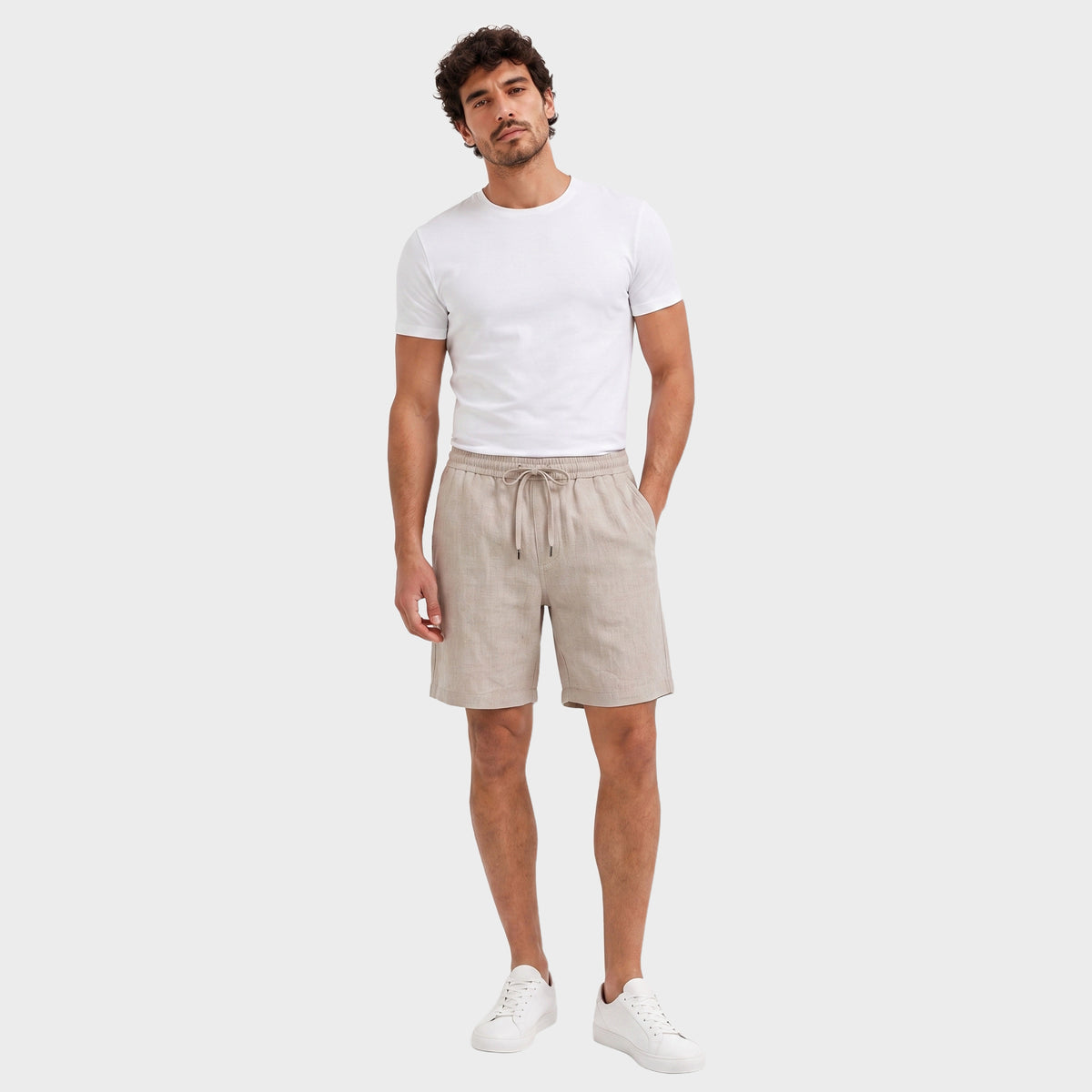Tailored Linen Drawstring Shorts - Beige - front
