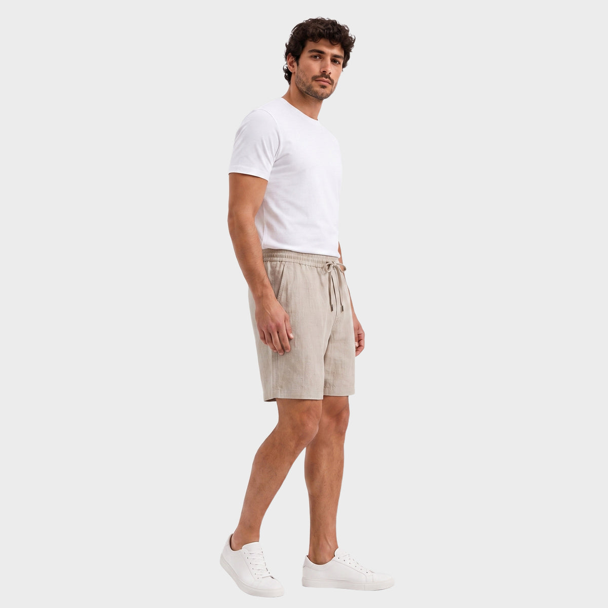 Tailored Linen Drawstring Shorts - Beige - side