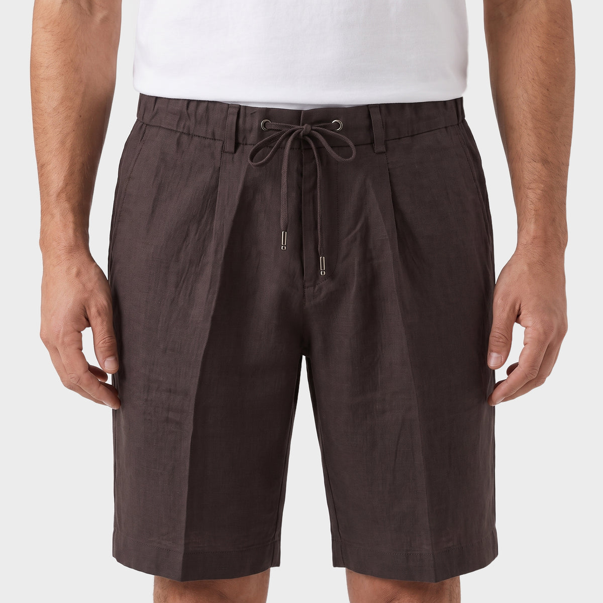Tailored Linen Drawstring Shorts - Brown - closeup