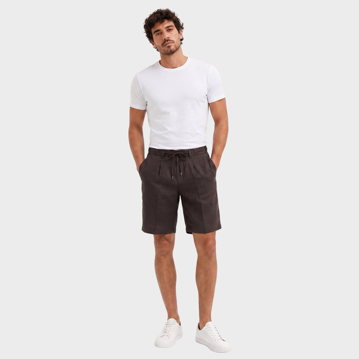 Tailored Linen Drawstring Shorts - Brown - front