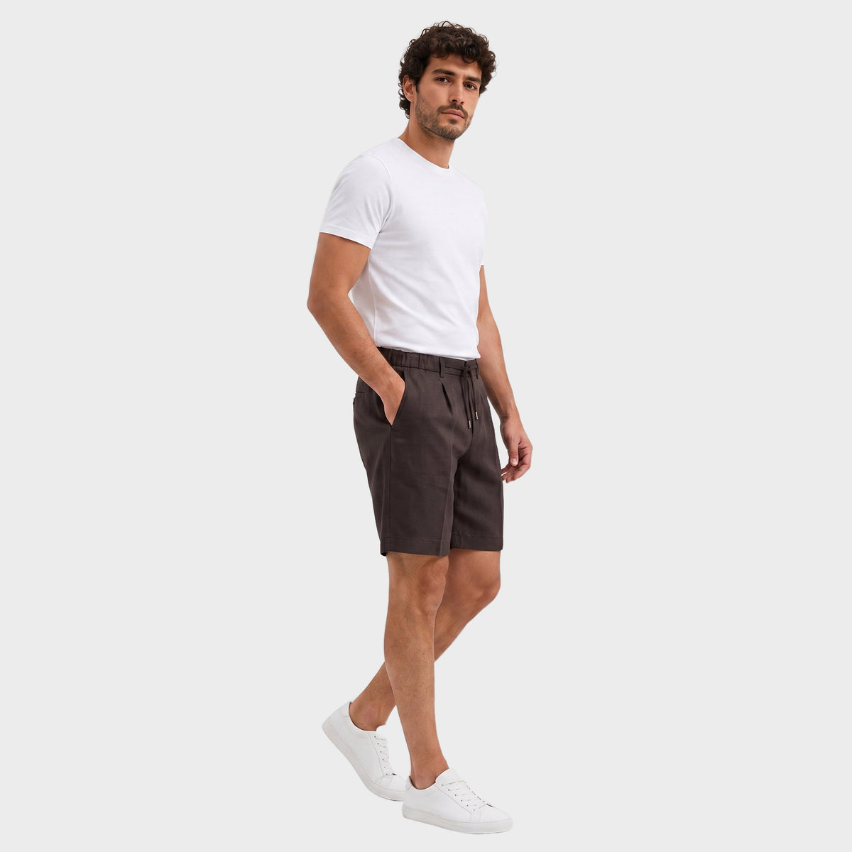 Tailored Linen Drawstring Shorts - Brown - side