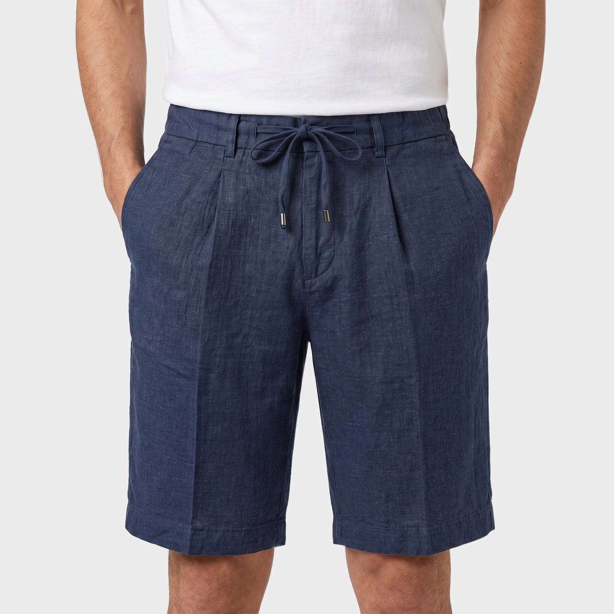 Tailored Linen Drawstring Shorts - Navy - closeup