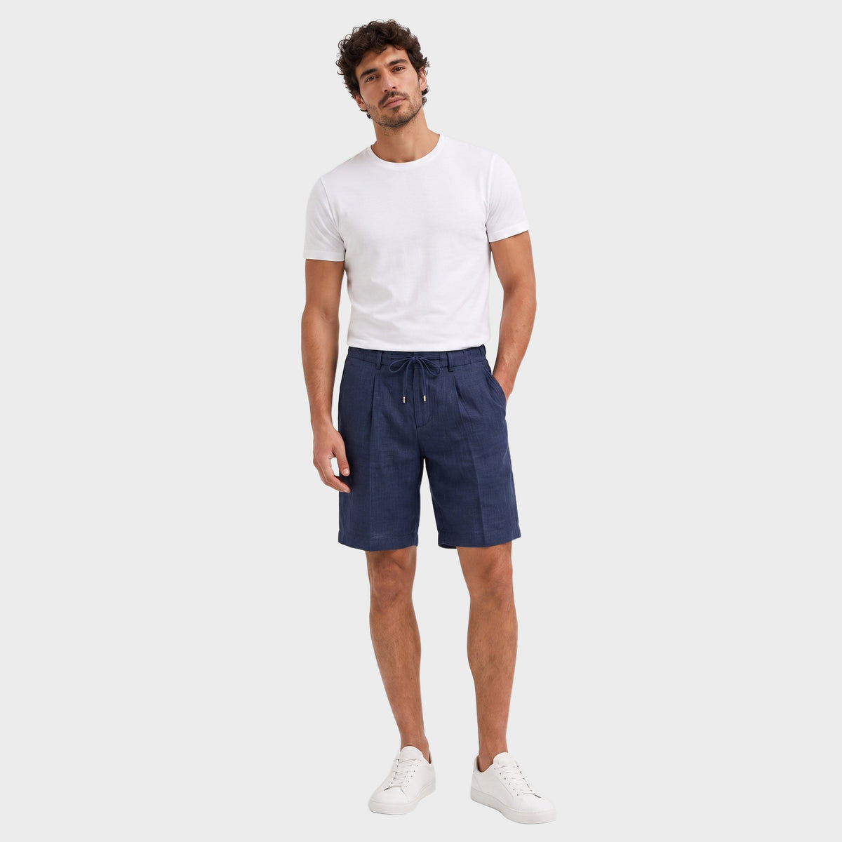 Tailored Linen Drawstring Shorts - Navy - front
