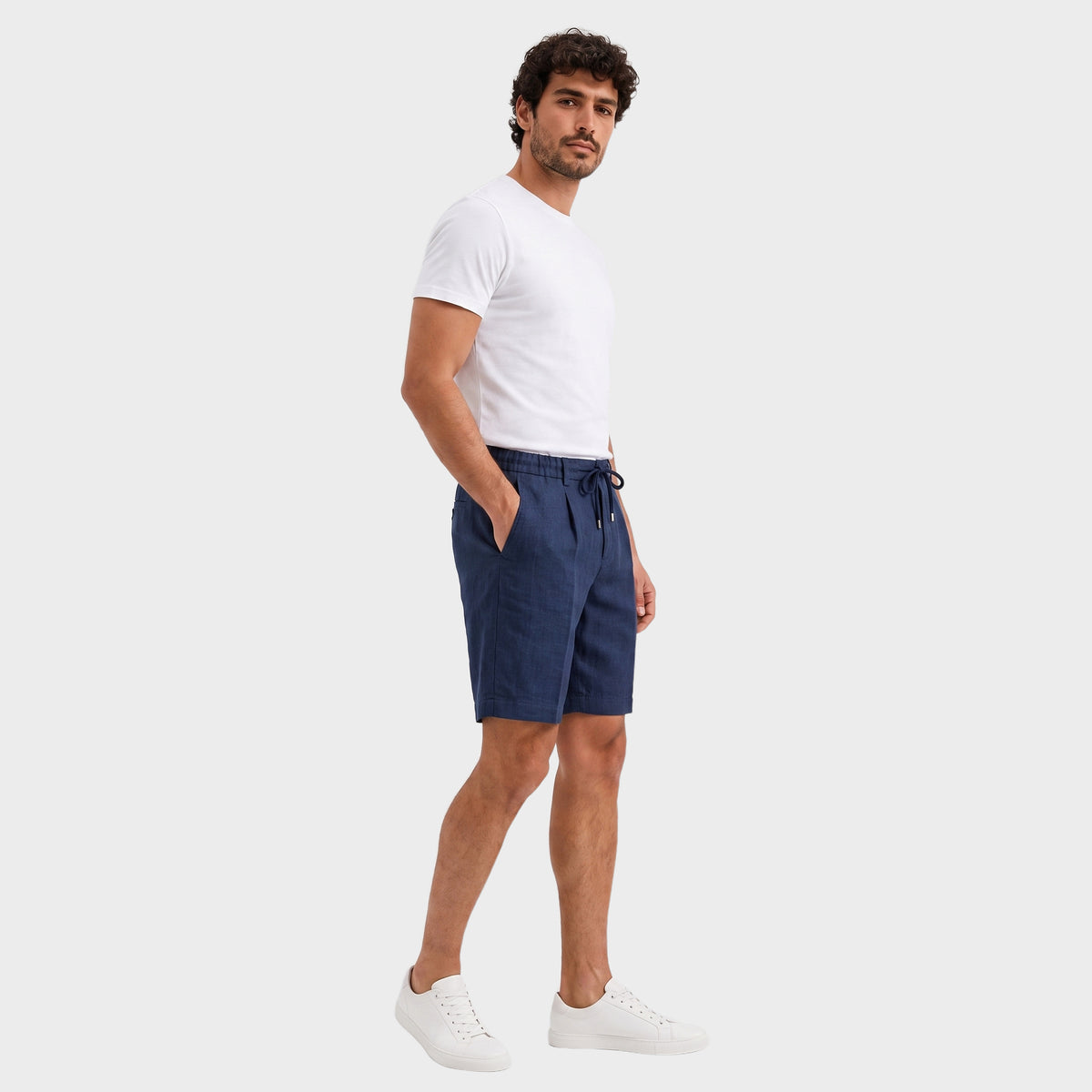 Tailored Linen Drawstring Shorts - Navy - side