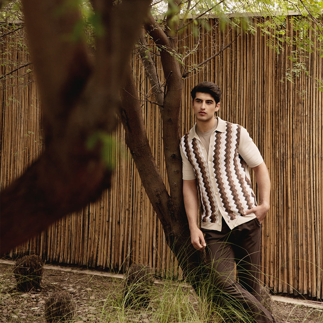 The Riviera Chevron Knit Shirt - Beige - model