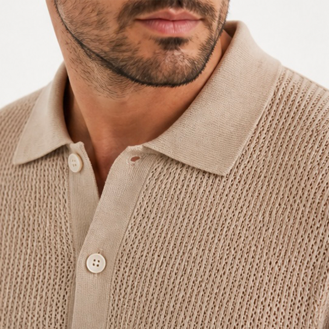The Fine Mesh Knit Shirt - Beige - closeup