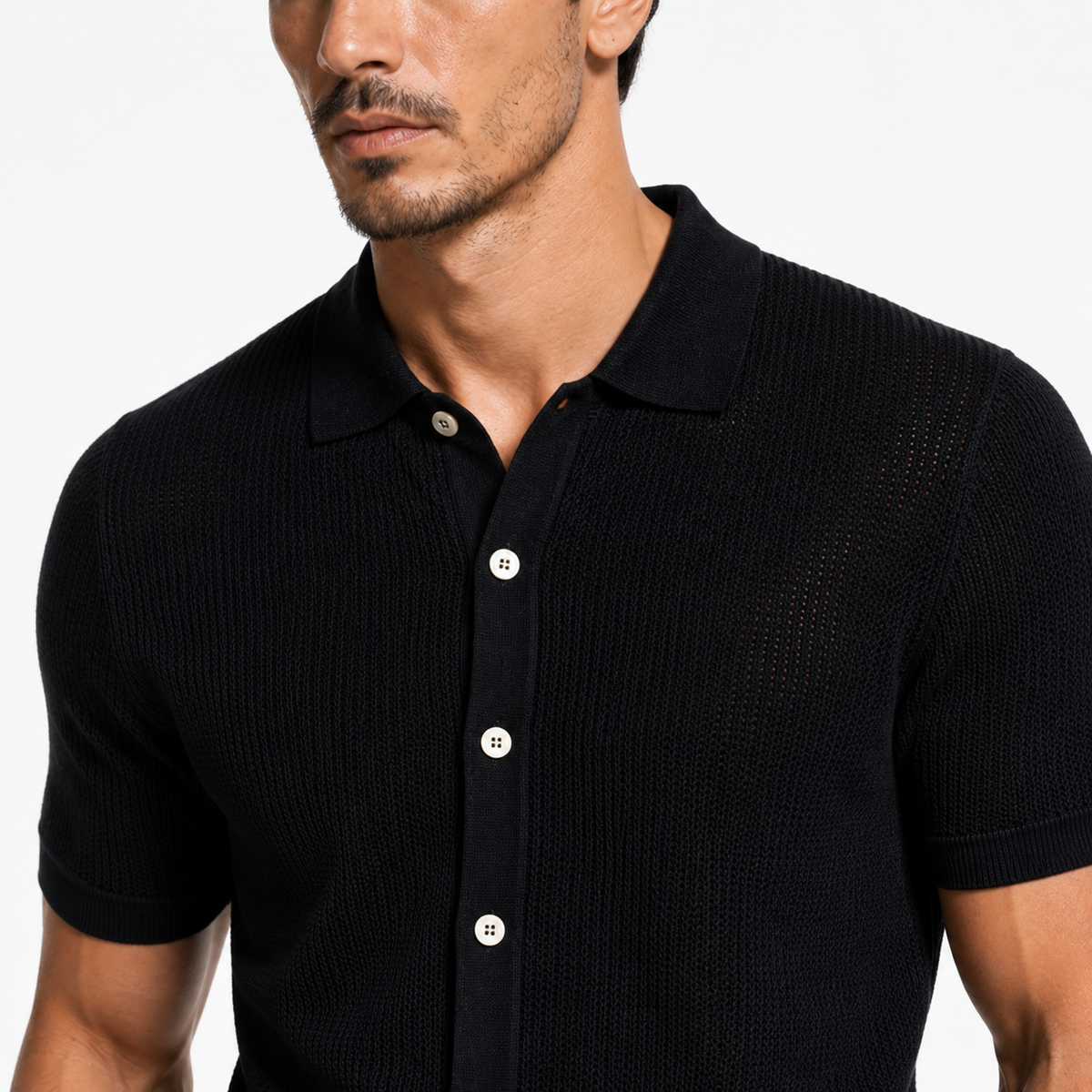 The Fine Mesh Knit Shirt - Black - closeup