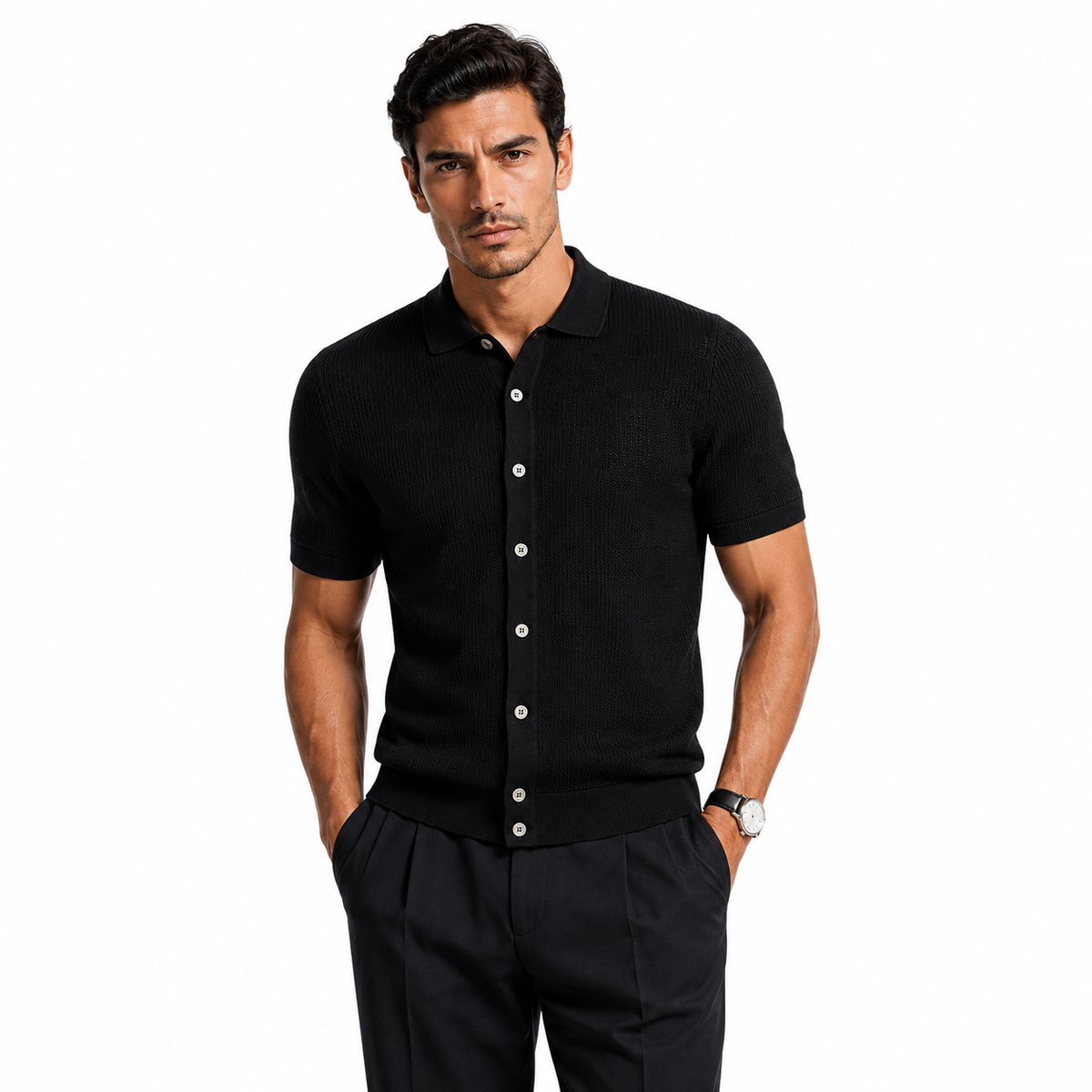 The Fine Mesh Knit Shirt - Black - front